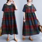 Short-sleeve Plaid Midi A-line Dress Red & Blue & Green - One Size