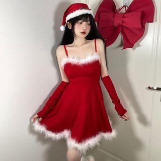 Set: Spaghetti-strap Fluffy Trim Mini A-line Dress + Oversleeve