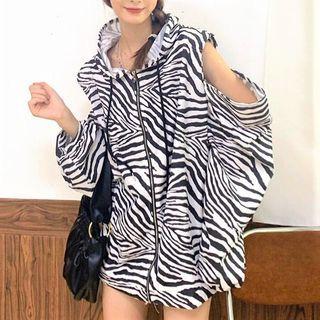 Zebra Print Cold Shoulder Hooded Zip Jacket Black & White - One Size