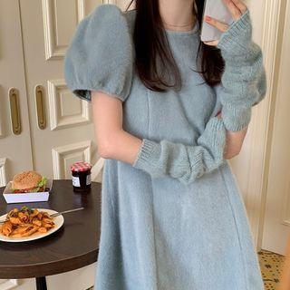 Puff-sleeve Knit Mini A-line Dress With Arm Sleeves