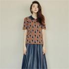 Collared Paisley Print Knit Top Camel - One Size