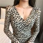 Leopard Print Long-sleeve V-neck Top
