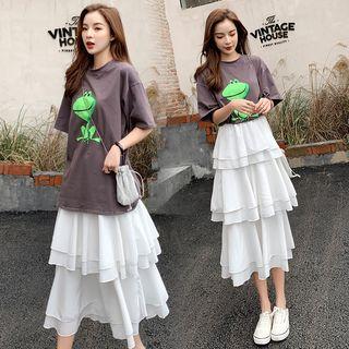 Set: Short Sleeve Frog Print T-shirt + Layered Midi Skirt
