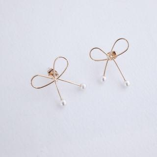 Faux-pearl Ribbon Wirework Earrings Gold - One Size