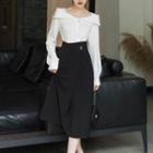 Set: Long-sleeve Faux Pearl Blouse + Midi A-line Skirt