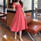 Short-sleeve Button Midi A-line Dress