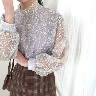 Lace Stand-collar Long-sleeve Loose-fit Blouse