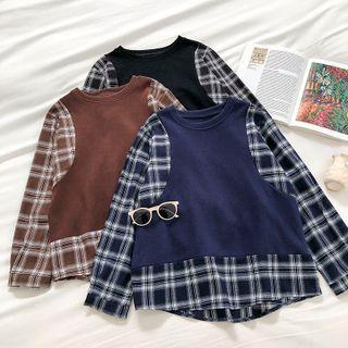 Color-block Plaid Crewneck Long-sleeve Top