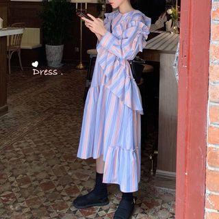 Long-sleeve Striped Midi Dress As Shown In Figure - One Size