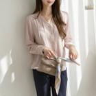 V-neck Pintuck Faux-pearl Blouse