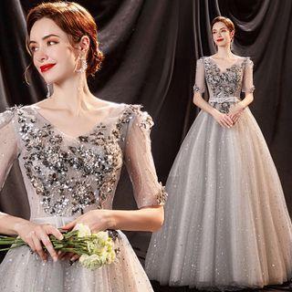 Short-sleeve Flower Embroidered Sequined A-line Evening Gown