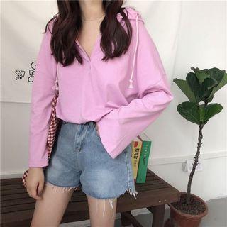 Bell-sleeve Plain Hooded Pullover