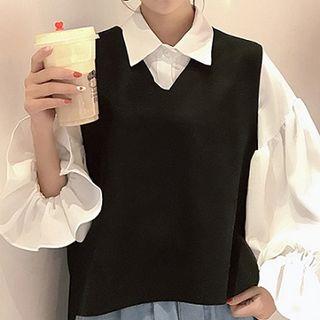 Set: Plain Chiffon Puff-sleeve Blouse + Plain V-neck Vest