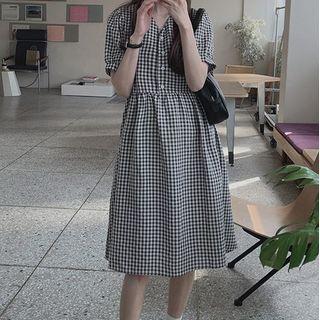 Short-sleeve V-neck Check A-line Dress