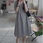 Short-sleeve V-neck Check A-line Dress
