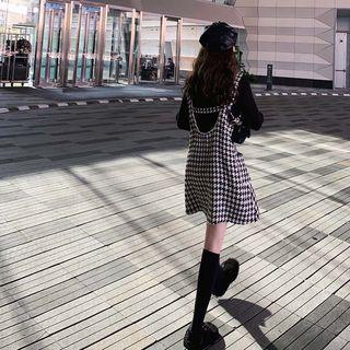 Set: Plain Long-sleeve Top + Houndstooth Sleeveless Dress