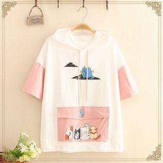 Cartoon Color-block Hooded Short-sleeve Top