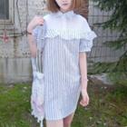 Short Sleeve Frilled Trim Striped Dress