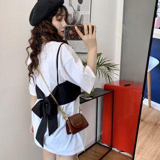 Set: Short-sleeve Plain T-shirt + Bow-accent Sleeveless Top