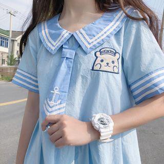 Short-sleeve  Sailor Collar A-line Dress Light Blue - One Size