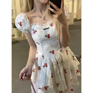 Puff-sleeve Cherry Embroidered Mini Dress