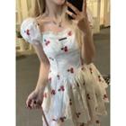 Puff-sleeve Cherry Embroidered Mini Dress