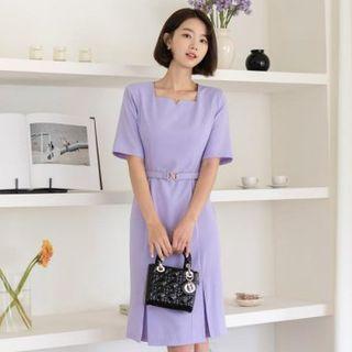 Square-neck Invert-pleated Midi Dress With Belt