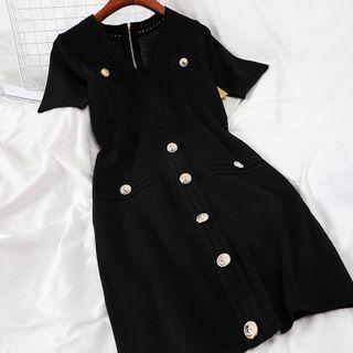 V-neck Short-sleeve Knit Mini A-line Dress Black - One Size