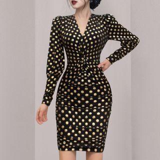 Puff-sleeve Velvet Dotted Sheath Dress