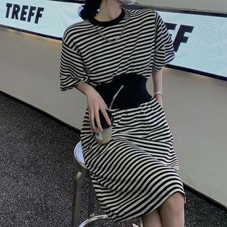 Elbow-sleeve Striped T-shirt Dress Stripes - Black & White - One Size