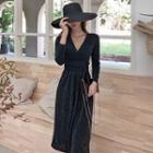 Deep V-neck Glitter Long-sleeve A-line Dress