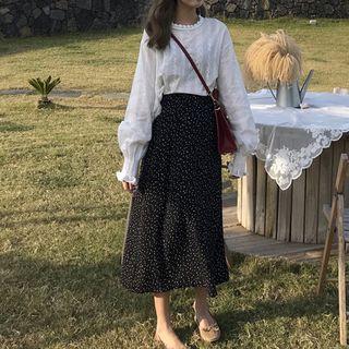 Balloon-sleeve Perforated Blouse / Midi A-line Dotted Skirt