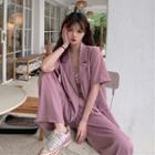 Floral Print Smocked Camisole Top / Short-sleeve Double-breasted Blazer / Wide Leg Pants