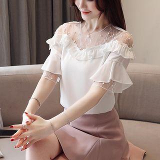 Mesh Panel Ruffle Trim Short-sleeve Chiffon Blouse