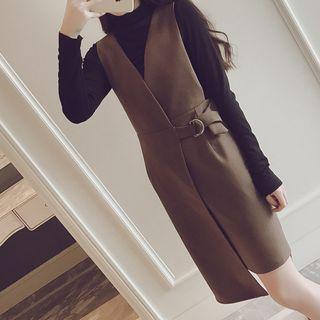 Set: Mock-turtleneck Long-sleeve Top + V-neck A-line Pinafore Dress