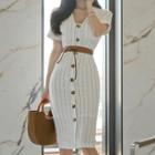 Pinstriped Short-sleeve Buttoned Sheath Dress