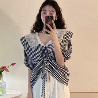 Puff-sleeve Plaid Drawstring Blouse Gingham - Black & White - One Size