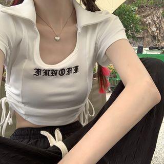 Short-sleeve Lettering Drawstring Cropped T-shirt / Wide Leg Pants