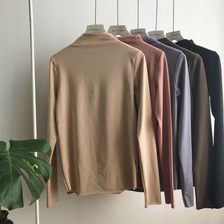 Plain Loose-fit Turtle-neck Fleece Long-sleeve Top