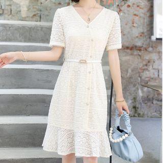 Short-sleeve Lace Ruffle Hem Sheath Dress