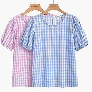 Puff-sleeve Plaid T-shirt