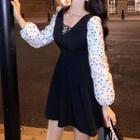 Long-sleeve Dot Printed Panel V-neck Lace-up Dress