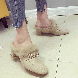 Buckled Faux Fur Lined Block Heel Mules