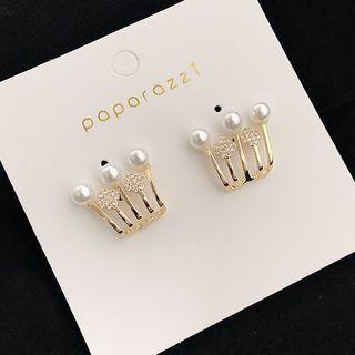 Faux Pearl Crown Stud Earring 1 Pair - Silver Needle - As Shown In Figure - One Size