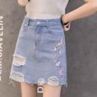 Flower Embroidered A-line Ripped Denim Skirt