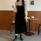 Mock Two-piece Dot Chiffon Panel Velvet Dress Black - One Size
