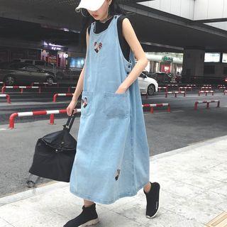 Embroidered Midi Denim Pinafore Dress
