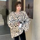 Long-sleeve V-neck Leopard Furry Loose-fit Top