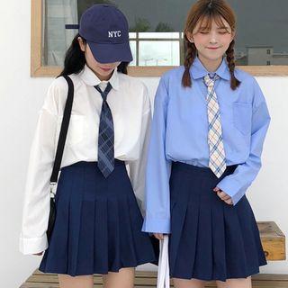 Long-sleeve Shirt / Mini Pleated Skirt / Plaid Tie / Set