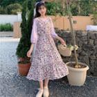 3/4-sleeve Blouse / Sleeveless Floral Print Midi A-line Dress